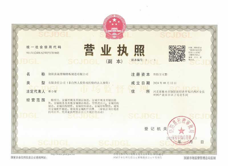 饒陽縣晟墨鋼格板制造有限公司企業(yè)資質
